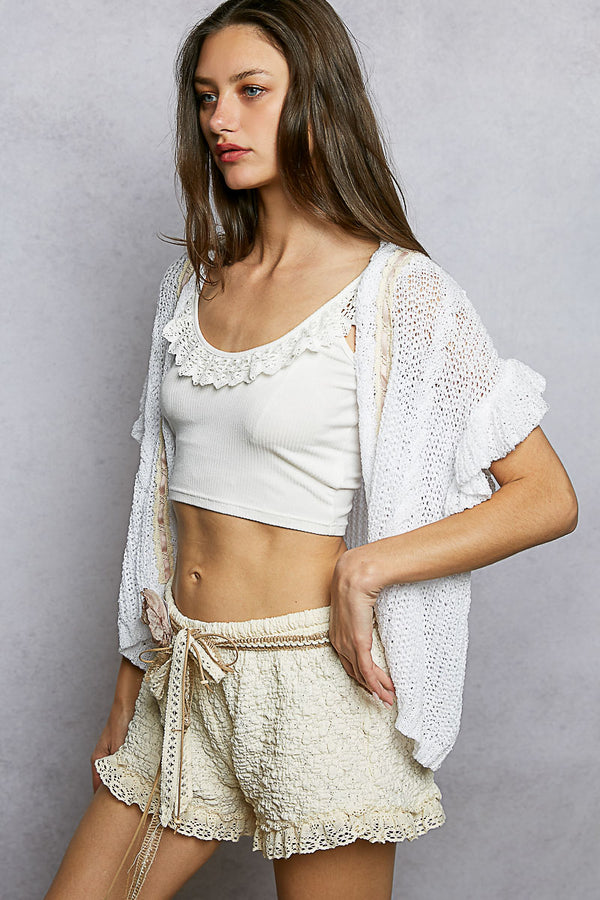 LACE TRIM ADJUSTABLE WAIST TEXTURED KNIT SHORTS