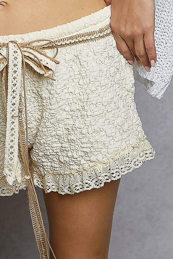 LACE TRIM ADJUSTABLE WAIST TEXTURED KNIT SHORTS