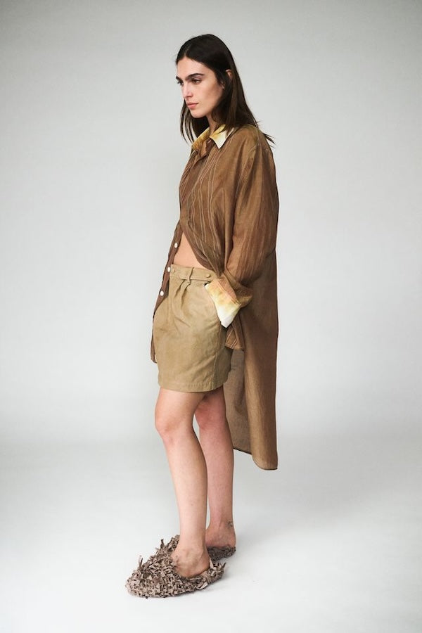 SILK COTTON PLEAT SHIRT DRESS - CINNAMON