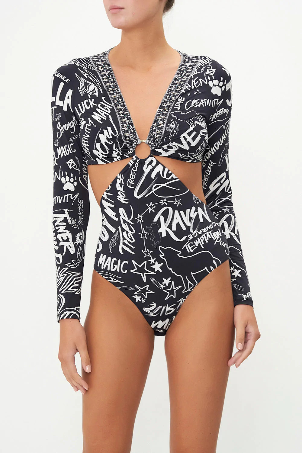 CUT OUT BODYSUIT WITH TRIM SPIRIT SCRIBBLE